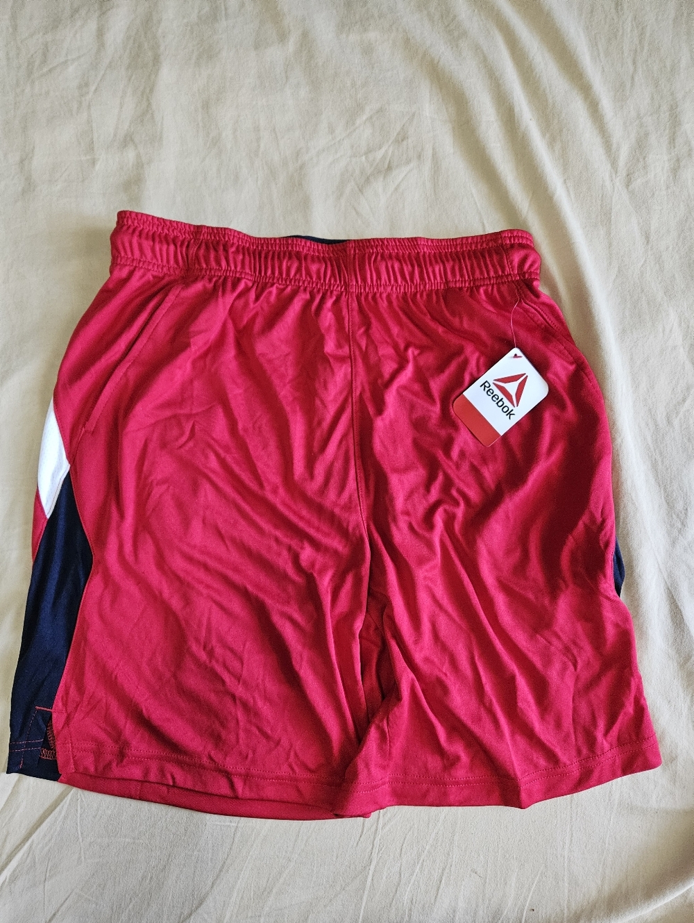 Reebok Men's Bright Red Athletic Shorts with Navy & White Panels